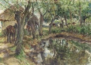 Ponies by a farmyard pond by Mark Fisher