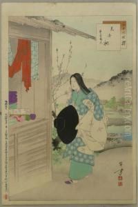 Junge Frau Vor Einem Stoffgesch?ft. Japan by Mizuno Toshikata