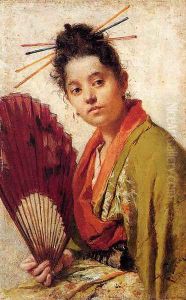 A Young Girl Holding A Fan by Roberto Fontano