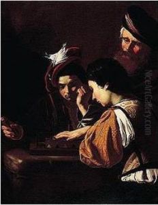 Young Boys Playing Backgammon, An Old Man Watching In The Background by Nicolas Tournier