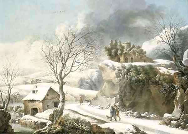 A winter landscape with travelers on a path - view 1