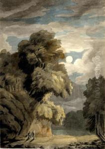 A Moonlit Lake Scene With Figures Near Trees And Rocks - view 1