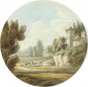 An Extensive Landscape With A Castle And Drovers Beneath A Hilltown, Italy An Extensive Landscape With A Castle And Drovers Beneath A Hilltown, Italy
