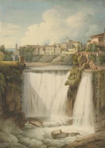 The Cascades Of Tivoli With The Town Above, Italy by Francis Towne