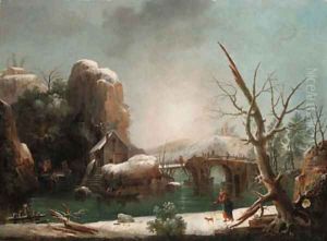 A mountainous winter landscape with peasants on a barge