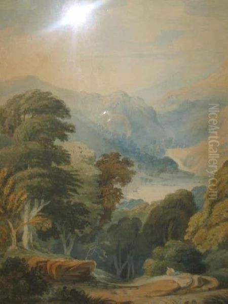 Mountainous Landscape With Figure Resting In Theforeground - view 1