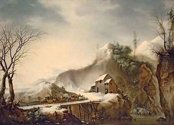 A mountainous winter landscape with travellers on horseback crossing a bridge - view 1