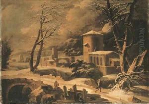 A mountainous winter landscape with peasants by farmhouses