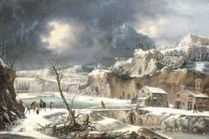 A winter landscape with travellers on horseback by a river