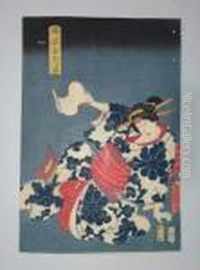 Une Jeune Femme En Kimono Bleu by Utagawa Toyokuni Iii