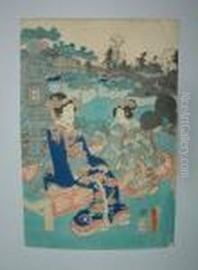 Femme Et Fillette Assise Sur Un Banc Devant Une Lanterne