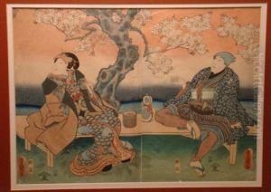 Theatrical Scene With Man And Woman Seated On A Bench Beneath A Cherry Tree by Toyokuni