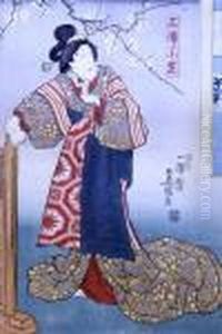Triptych Of Samurai And Geisha by Toyokuni