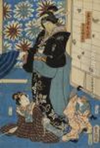 Japanese Warrior And A Geisha In An Interior With A Monkey - view 1