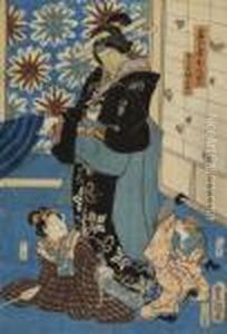 Japanese Warrior And A Geisha In An Interior With A Monkey