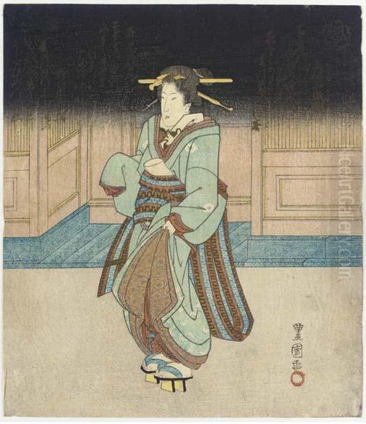 Four Surimono, The First The
Right Sheet Of A Triptych Of A Beautywalking At Night With Poems Above
By Shinsentei Hyoku, Shisendokiyoshi And Shinchikuen Jume..(?) Of The
Manji Poetry Circle,signed Toyokuni Ga And Toshidama Seal; The Second
Do--rin - view 1