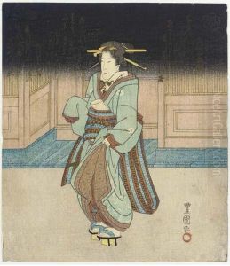 Four Surimono, The First The
Right Sheet Of A Triptych Of A Beautywalking At Night With Poems Above
By Shinsentei Hyoku, Shisendokiyoshi And Shinchikuen Jume..(?) Of The
Manji Poetry Circle,signed Toyokuni Ga And Toshidama Seal; The Second
Do--rin by Toyokuni