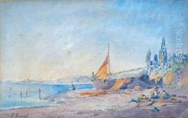 Barque De Pecheurs Sur La Greve De La Promenade Des Anglais.
Aquarelle Contrecollee Sur Carton Signee En Bas A Droite - view 1