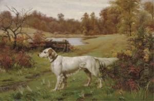 A Marbled Beauty - An English Setter In A Landscape, A Lakebeyond by John Martin Tracy