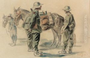 Soldaten Mit Pferden Auf Dem Feld. by Friedrich Eduard Traffelet