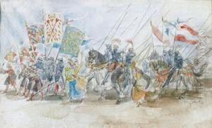 Mittelalterlicher Festzug. by Friedrich Eduard Traffelet