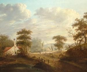 Traveller At A Cross Roads With Woodland And A Cottage