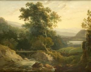 The Oldbridge, Figures In A Wooded Summer Landscape The Oldbridge, Figures In A Wooded Summer Landscape