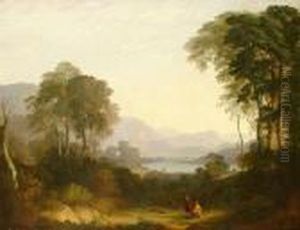 Figures On A Path With A Mountainous Landscape In The Background.