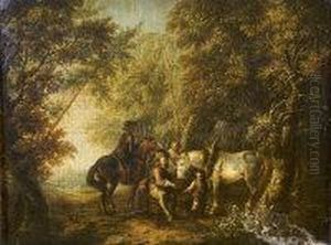 Figures And Horses Resting In A Woodland Clearing by Johann Georg Trautmann