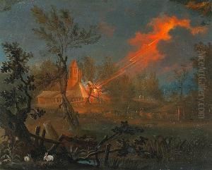 A Nocturnal Landscape With A Bolt Of Lightningstriking A Farm Building