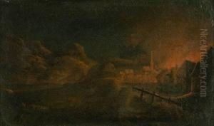 Nachtliche Feuersbrunst In Einem Dorf