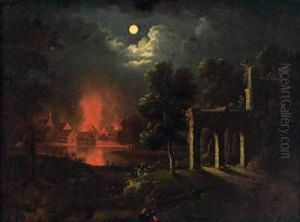 Cerchia Paesaggio Al Chiaro Di Luna E Incendio Notturno by Johann Georg Trautmann