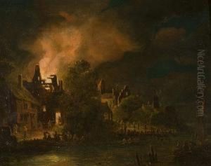 Riverside Village With Blazing Building