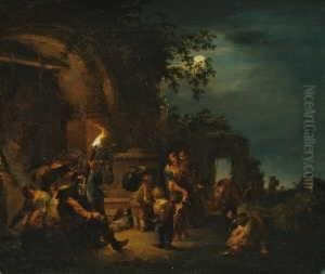 Zigeuner Beim Aufbruch. Nachtliche Vollmondbeschienene Lagerszene.