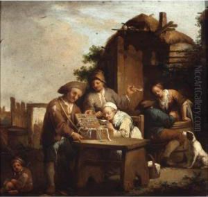 A Hawker Selling Glasses Outside A Farmhouse by Johann Georg Trautmann