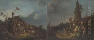 Poultry Sellers By A Shack; And Vegetable Sellers By A Cottage by Johann Georg Trautmann
