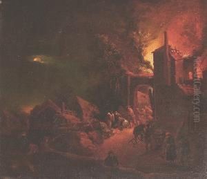 A Village At Night With Numerous Figures Fleeing From Burning House