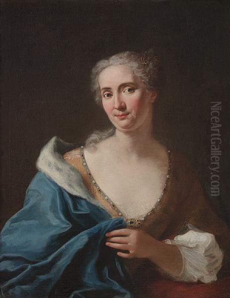 Portrait Of A Lady, Half-length, In A Golddress With A Blue Fur-lined Wrap - view 1