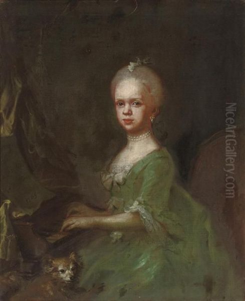 Portrait Of A Young Girl,
Three-quarter-length, Playing The Pianoforte, In A Green Dress, With A
Dog - view 1
