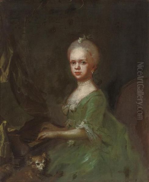 Portrait Of A Young Girl, 
Three-quarter-length, Playing Thepianoforte, In A Green Dress, With A 
Dog - view 1