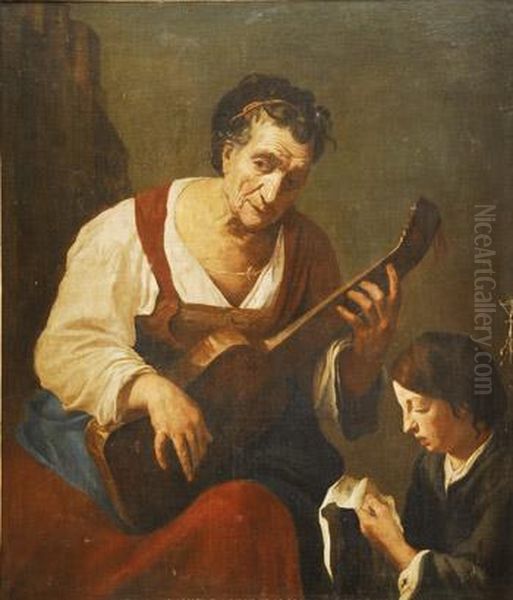 Anciana Tocando La Guitarra Junto A Un Nino - view 1