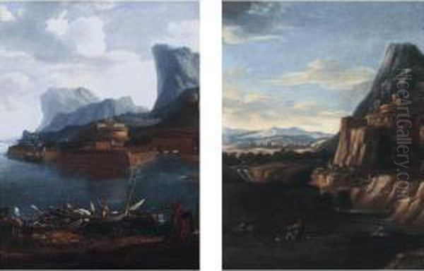 Coastal Landscapes With A
Capriccio Of The Castel Sant'angelo, Figures In Boats In The Foreground - view 1