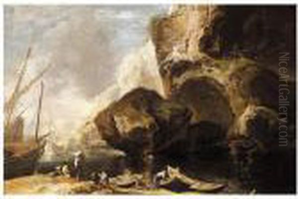 Coastal Landscape With Fishermen With Their Boats, Cliffs Beyond - view 1