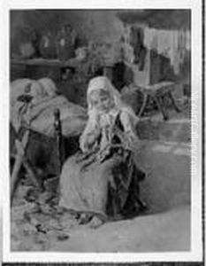Jeune Fille Brodant Pres D'un Berceau