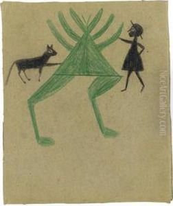 Woman With Dog On Green Plant Construction by Bill Traylor