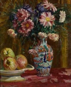 Stilleben Mit Blumen Und Apfeln by Maurycy Trebacz