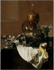 A Still Life Of Silverware, An 
Overturned Roemer, A Peeled Lemon On A Plate, A Blue-and-white Porcelain
 Bowl And An Ormolu Vase, All On A Table Draped With A White Cloth
