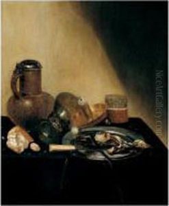 Still Life Of A Herring, An
Onion And A Knife On A Pewter Dish, Together With An Upturned Roemer, A
Candle Stick, A Glass, Bread And A Flagon, All Arranged Upon A Draped
Table by Jan Jansz. Treck