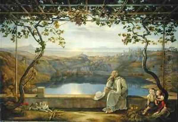 Monk sitting on a Terrace overlooking Lake Nemisee - view 1