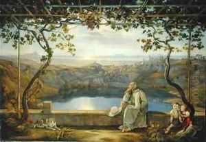 Monk sitting on a Terrace overlooking Lake Nemisee by Joachim Faber